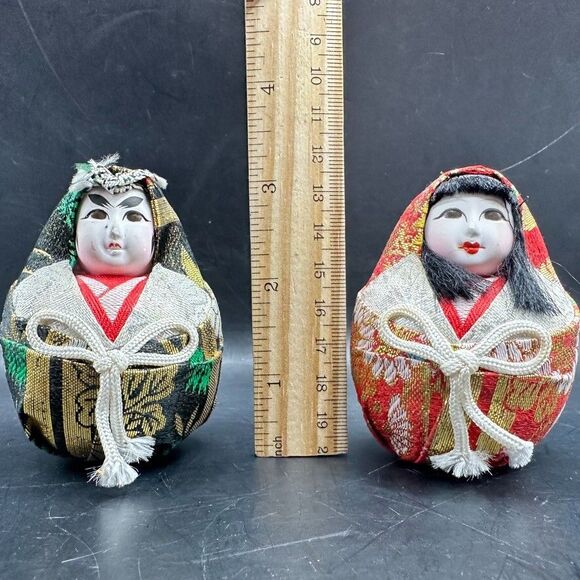 Vintage Japanese Dolls Daruma Hime Ningyo Pair Empress Jingu Hand painted - Picture 10 of 11